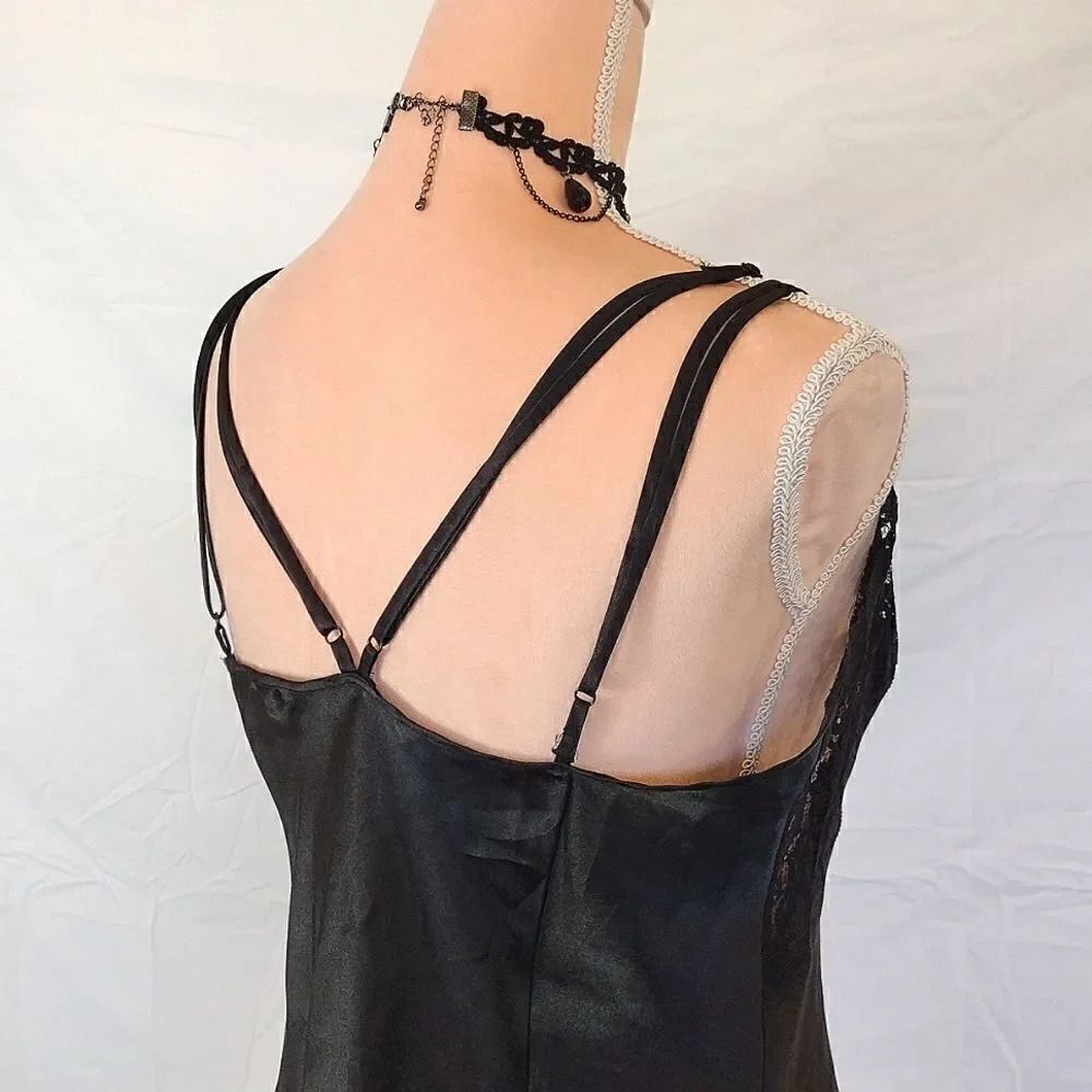 Victoria's Secret VTG 90s Black Satin Strappy Lace Top Mini Slip Dress Large - Picture 14 of 15